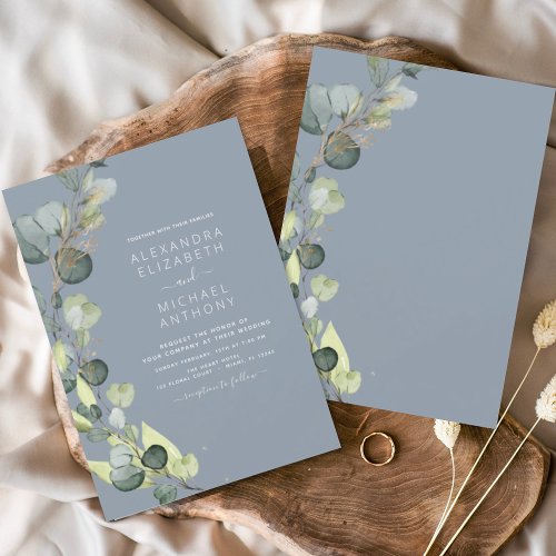 Eucalyptus Greenery Dusty Blue Elegant Wedding Invitation