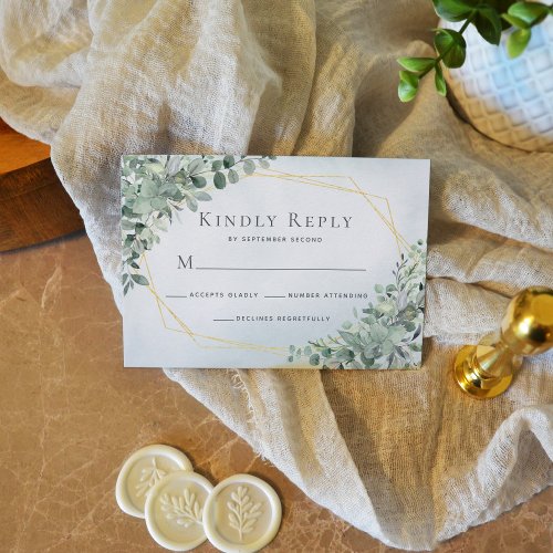 Eucalyptus Greenery Dusty Blue Geometric Wedding RSVP Card