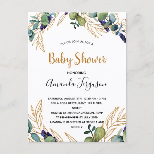 Eucalyptus greenery elegant baby shower invitation postcard
