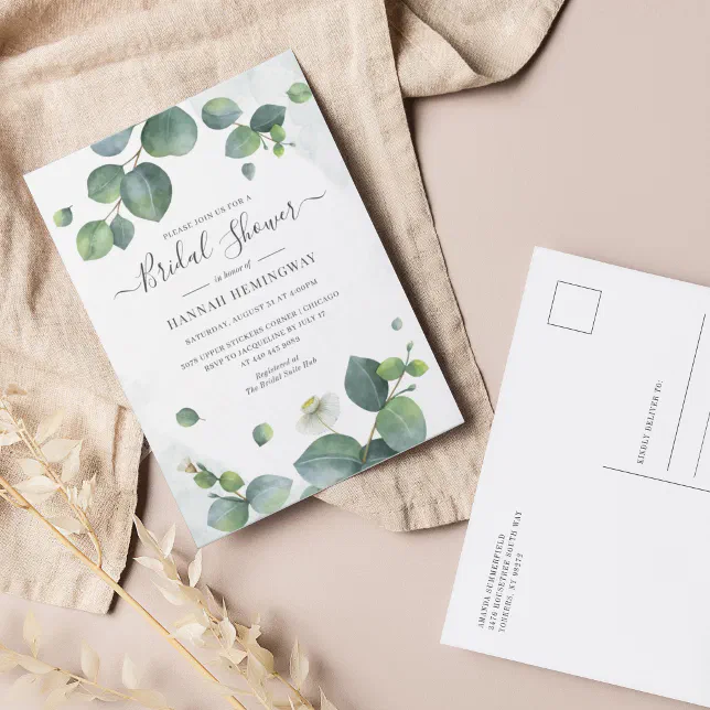 Eucalyptus Greenery Elegant Blush Bridal Shower Invitation Postcard Zazzle 8490