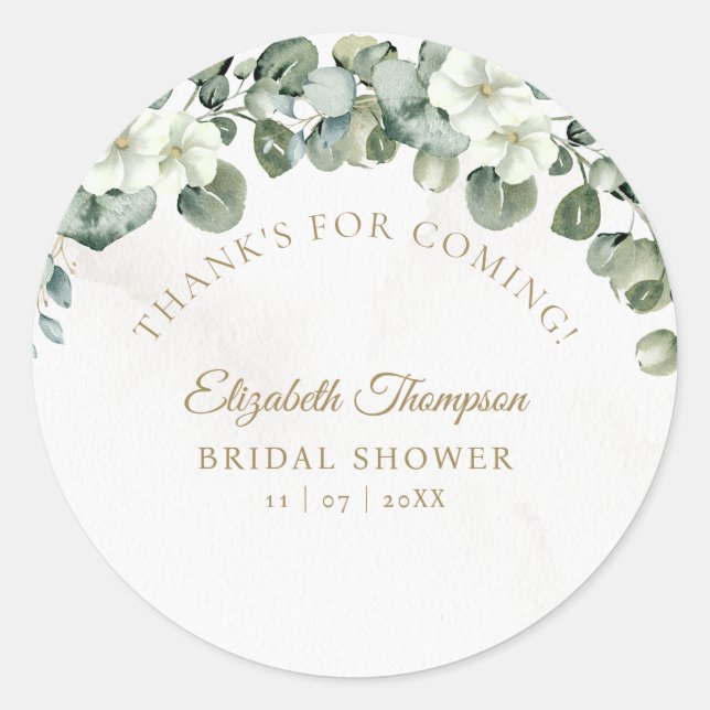 Eucalyptus Greenery Elegant Bridal Shower Classic Round Sticker (Front)
