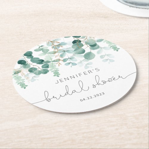 Eucalyptus greenery elegant bridal shower round paper coaster