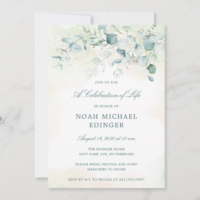 Eucalyptus Greenery Elegant Celebration of Life Invitation (Front)