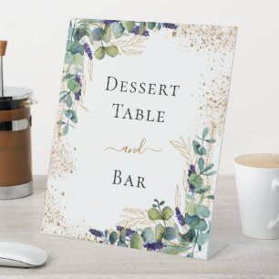 Eucalyptus greenery elegant dessert table bar pedestal sign