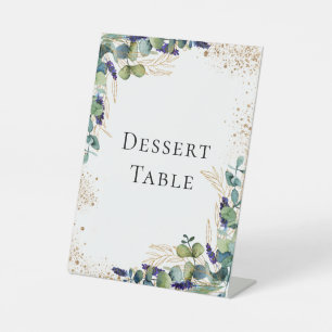 Eucalyptus greenery elegant dessert table pedestal sign