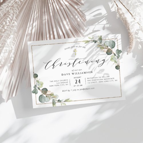 eucalyptus greenery elegant frame christening invitation