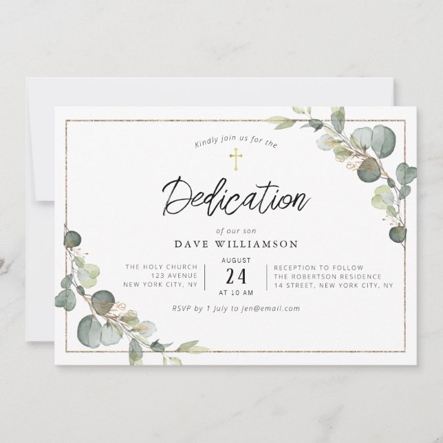 eucalyptus greenery elegant frame dedication invitation (Front)