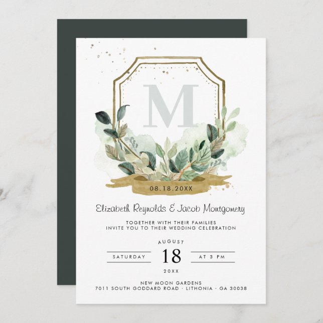 Eucalyptus Greenery Elegant Gold Crest Wedding Invitation (Front/Back)