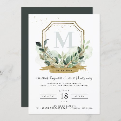 Eucalyptus Greenery Elegant Gold Crest Wedding Invitation