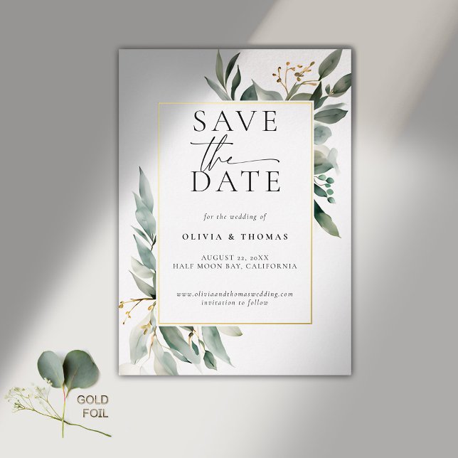 Eucalyptus Greenery Elegant Gold Wedding Save Date Foil Invitation (modern simple wedding save the date typography calligraphy eucalyptus greenery gold foil frame)