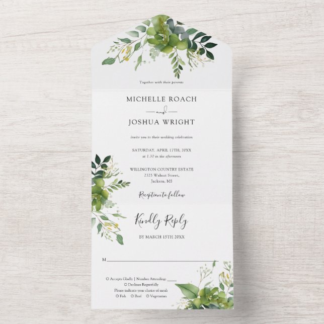 Eucalyptus Greenery Elegant Monogram Wedding All In One Invitation (Inside)