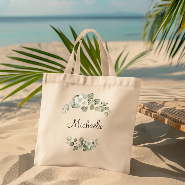 Eucalyptus Greenery Elegant Script Wedding Tote Bag (Add name or other text to personalize)