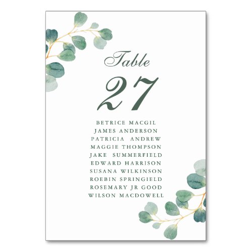 Eucalyptus Greenery Elegant Wedding Guest Name  Table Number