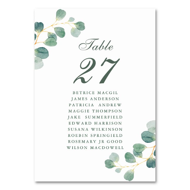 Eucalyptus Greenery Elegant Wedding Guest Name  Table Number (Creator Uploaded)