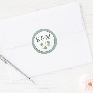 Eucalyptus Greenery Elegant Wedding Monogram Classic Round Sticker