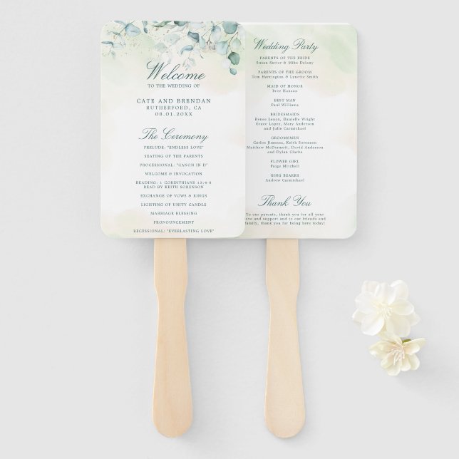 Eucalyptus Greenery Elegant Wedding Program Hand Fan (Front and Back)