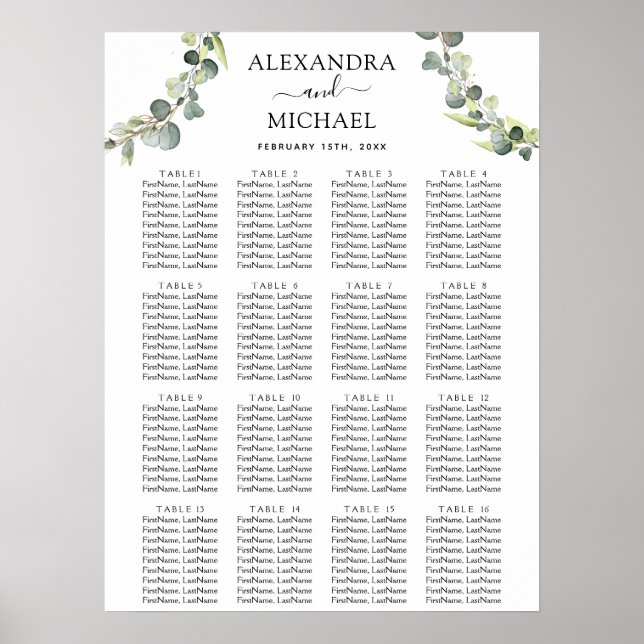 Eucalyptus Greenery Elegant Wedding Seating Poster (Front)