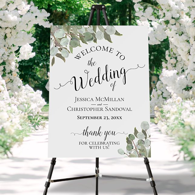 Eucalyptus & Greenery Elegant Wedding Welcome Sign (In Situ on Stand with Flowers)