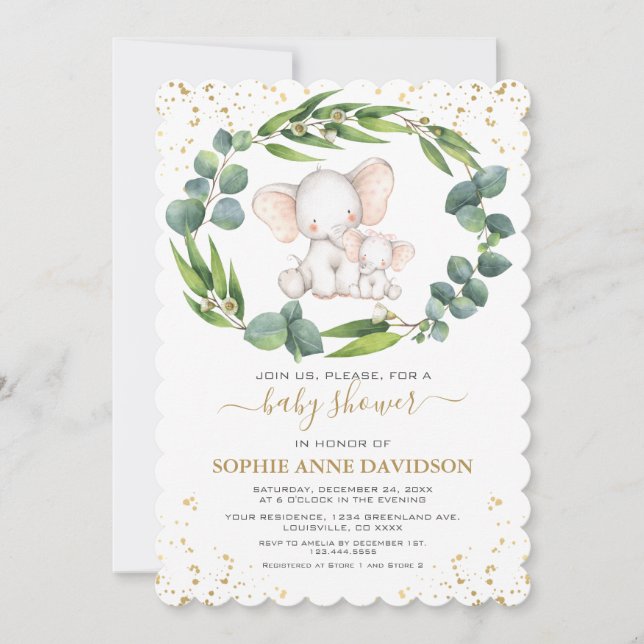 Eucalyptus Greenery Elephant Girl Baby Shower Invitation (Front)