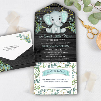 Eucalyptus Greenery Elephant Grey Wood Baby Shower All In One Invitation by ShabzDesigns at Zazzle