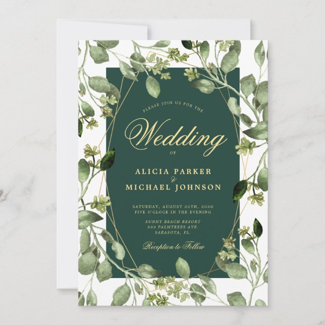 Eucalyptus greenery emerald green gold wedding invitation (Front)