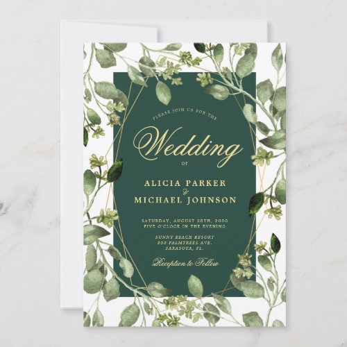 Eucalyptus greenery emerald green gold wedding invitation