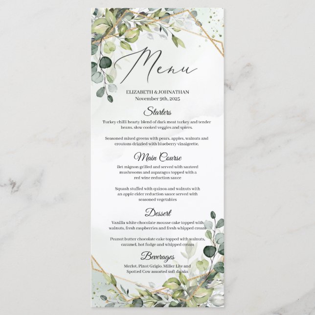 Eucalyptus Greenery Faux Gold Frame Wedding Dinner Menu (Front)