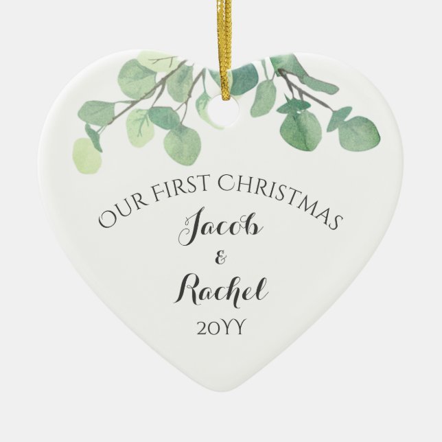 Eucalyptus Greenery First Christmas Married Ceramic Ornament (Front)