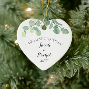 Eucalyptus Greenery First Christmas Married Photo Ceramic Ornament