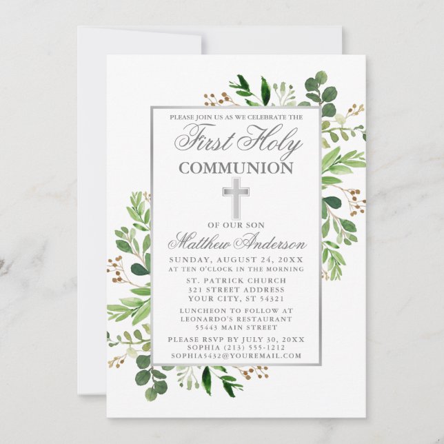 Eucalyptus Greenery First Communion Silver Invitation (Front)
