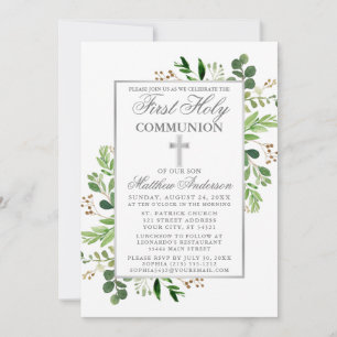 Eucalyptus Greenery First Communion Silver Invitation