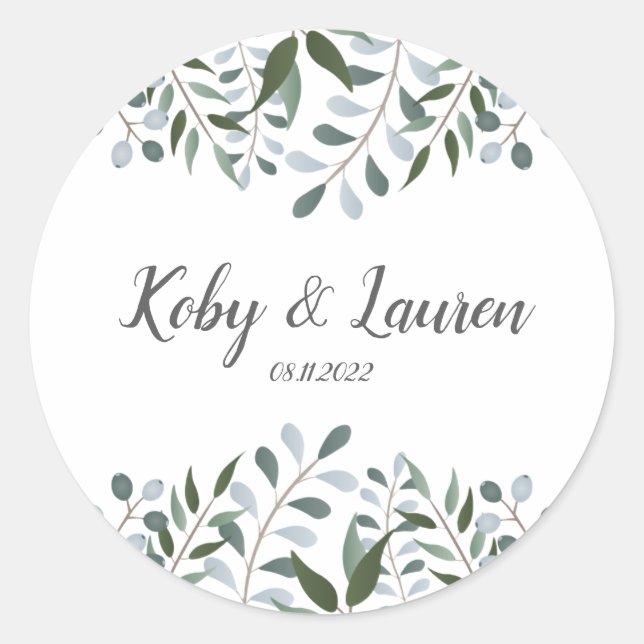 Eucalyptus Greenery Floral Anniversary Date  Classic Round Sticker (Front)