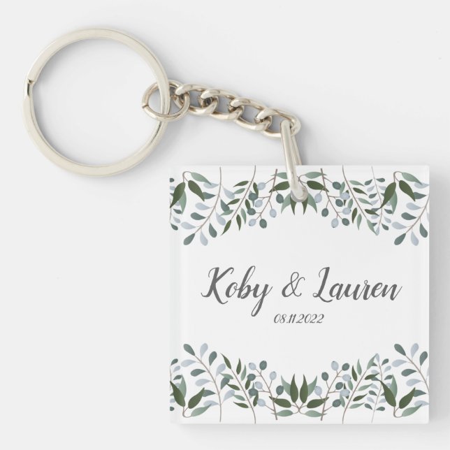 Eucalyptus Greenery Floral Anniversary Date Keychain (Front)