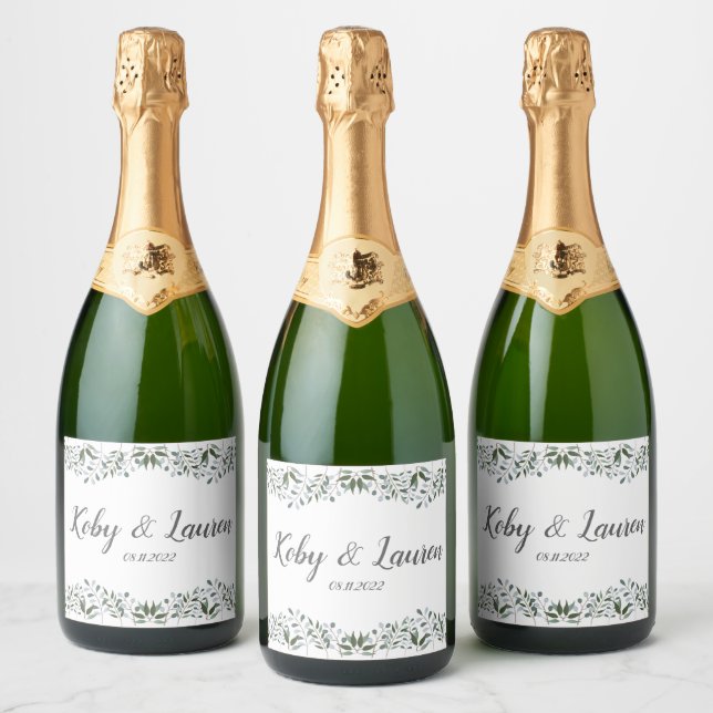 Eucalyptus Greenery Floral Anniversary Date Sparkling Wine Label (Bottles)
