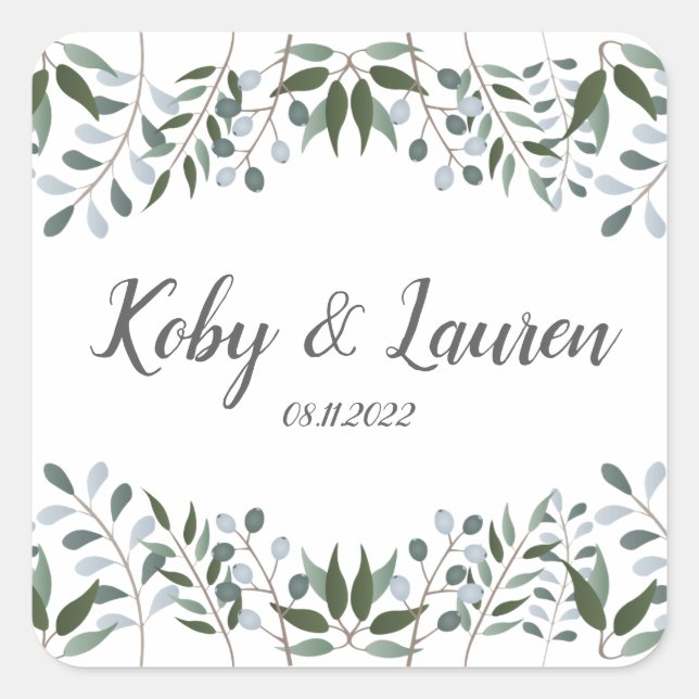 Eucalyptus Greenery Floral Anniversary Date Square Sticker (Front)