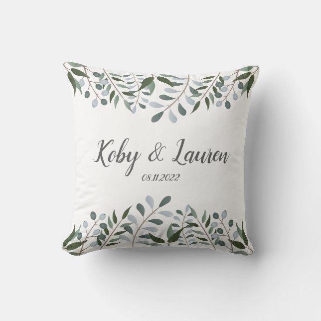 Eucalyptus Greenery Floral Anniversary Date Throw Pillow (Front)