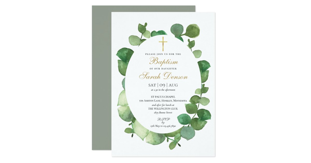 Eucalyptus Greenery Floral Baptism Christening Invitation