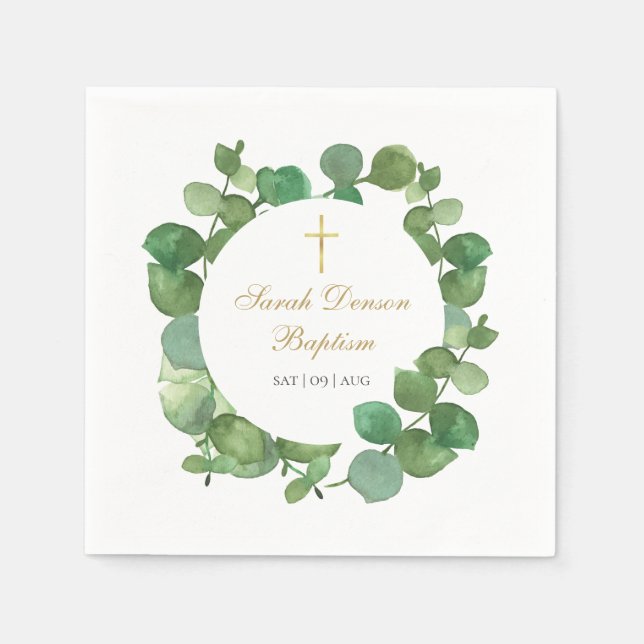 Eucalyptus Greenery Floral Baptism Christening Napkins (Front)