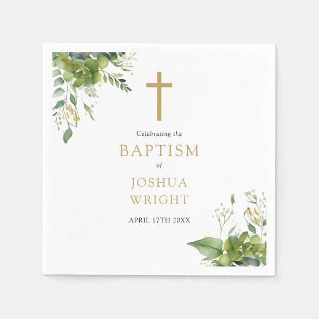 Eucalyptus Greenery Floral Baptism Christening Napkins (Front)