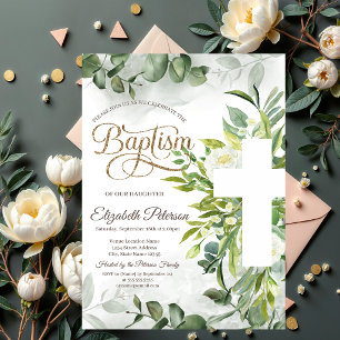 Eucalyptus Greenery Floral Cross Baptism Invitation