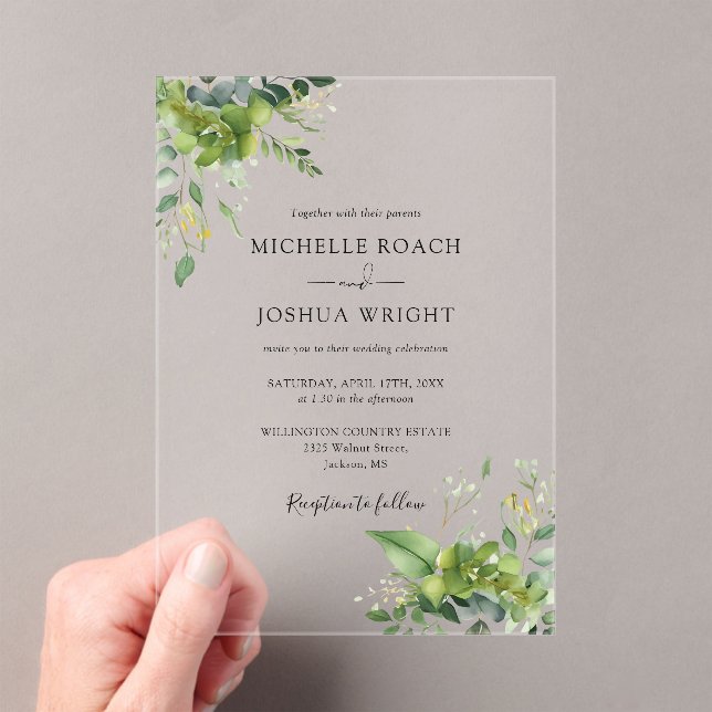 Eucalyptus Greenery Floral Elegant Wedding Acrylic Invitations (Insitu (Handheld))