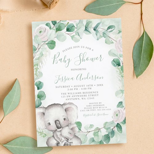 Eucalyptus Greenery Floral Koala Baby Shower Invitation