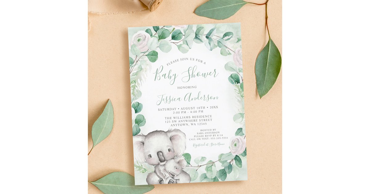 Eucalyptus Greenery Floral Koala Baby Shower Invitation | Zazzle