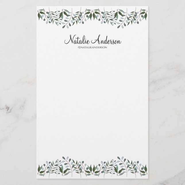 Eucalyptus Greenery Floral Personalize Stationery (Front)