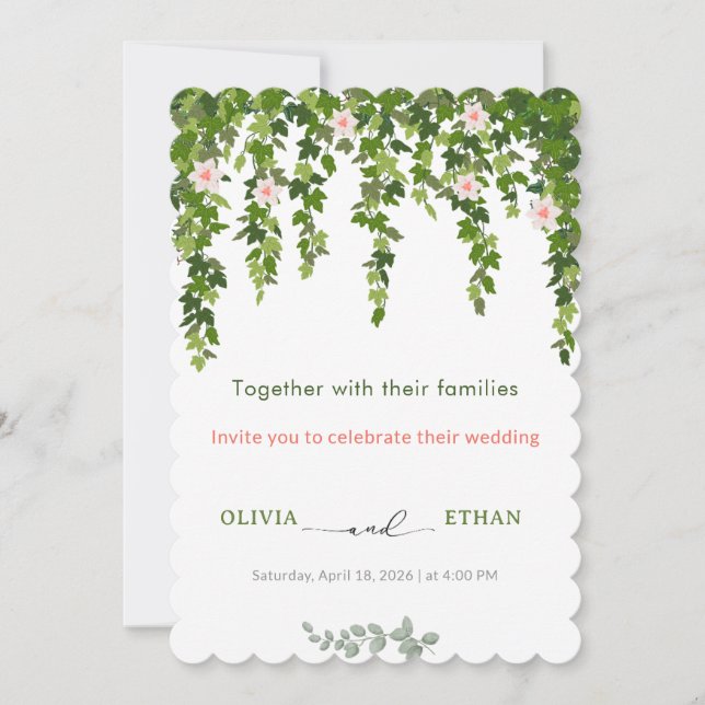 Eucalyptus Greenery & Floral Scalloped Wedding Inv Invitation (Front)