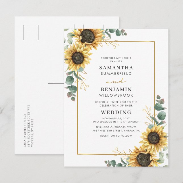 Eucalyptus Greenery Floral Sunflower Wedding Invitation Postcard (Front/Back)