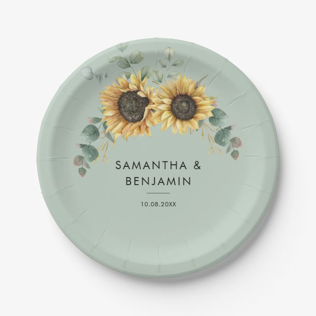 Eucalyptus Greenery Floral Sunflower Wedding Paper Plates (Front)