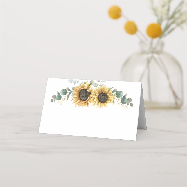 Eucalyptus Greenery Floral Sunflower Wedding Place Card (Front)
