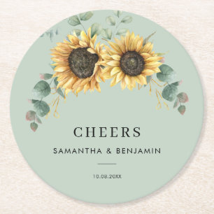 Eucalyptus Greenery Floral Sunflower Wedding Round Paper Coaster