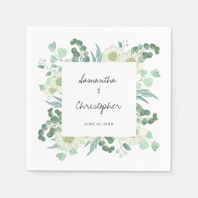 Eucalyptus Greenery Flowers Handwriting Wedding Napkins (Front)